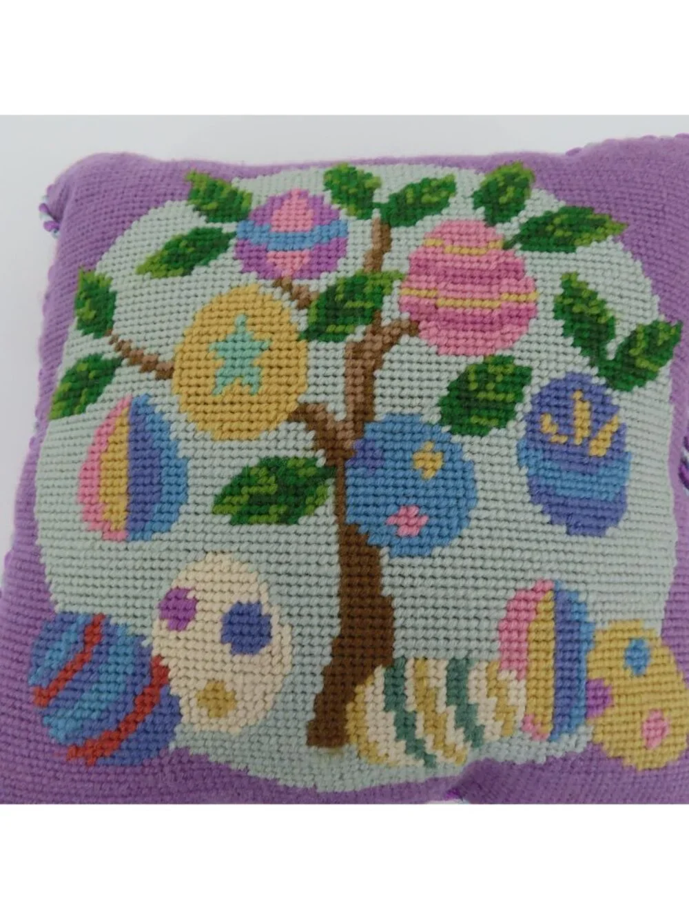 Easter Egg Tree Pastel Blue Yellow Purple Corded Needlepoint Accent Throw Pillow